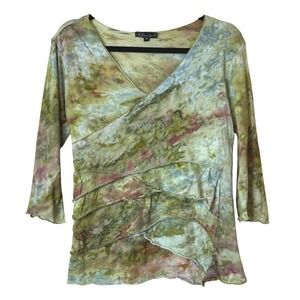 Dunia Earthy Fairycore Mesh Ruffle Top Watercolor Flare Whimsigoth Y2K V-Neck M